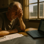 Elderly person reviewing Social Security documents with prison complex visible through window