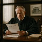 Federal judge reviewing judicial nominee documents in chambers, highlighting executive power dynamics