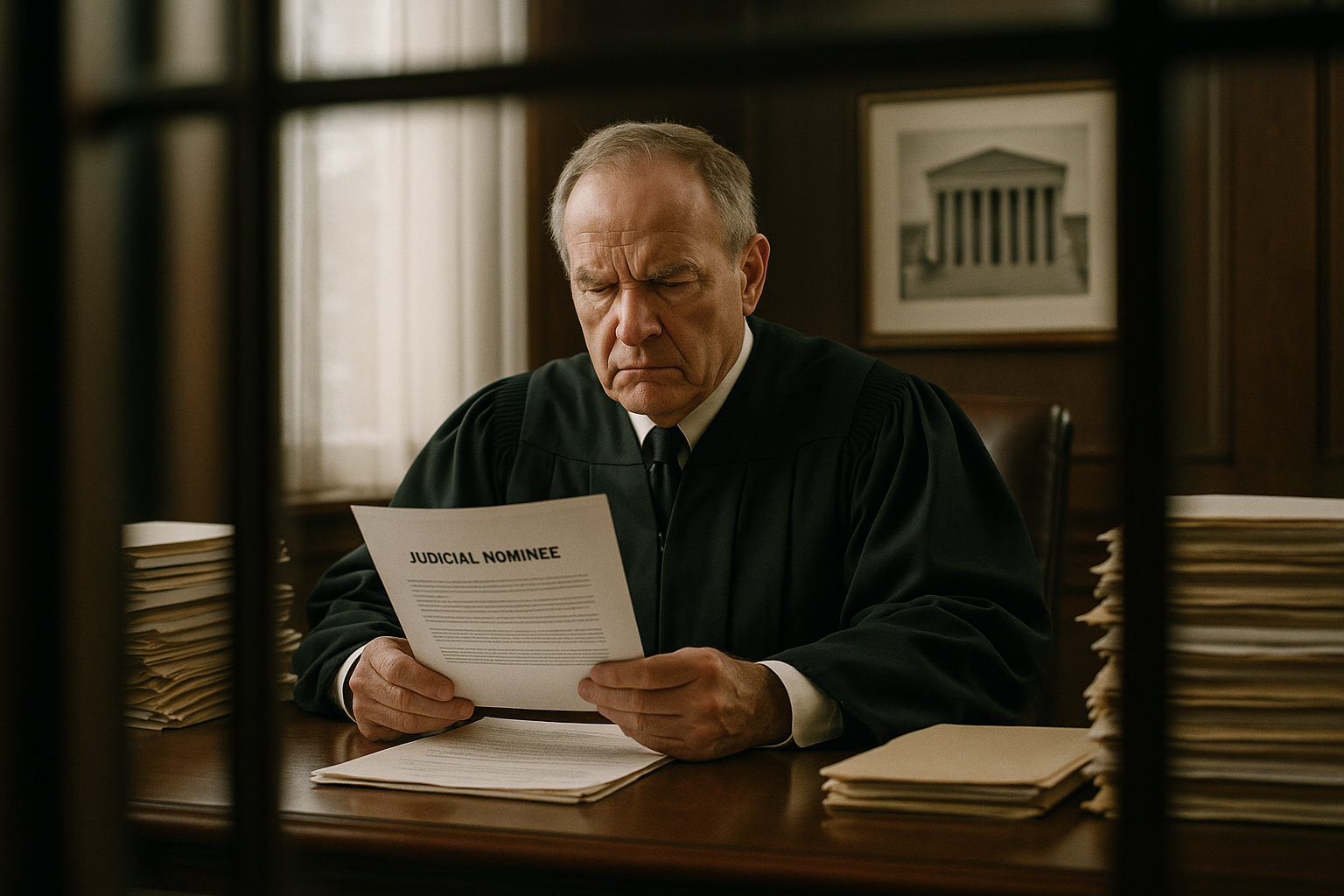 Federal judge reviewing judicial nominee documents in chambers, highlighting executive power dynamics