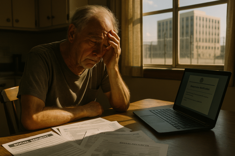 Elderly person reviewing Social Security documents with prison complex visible through window