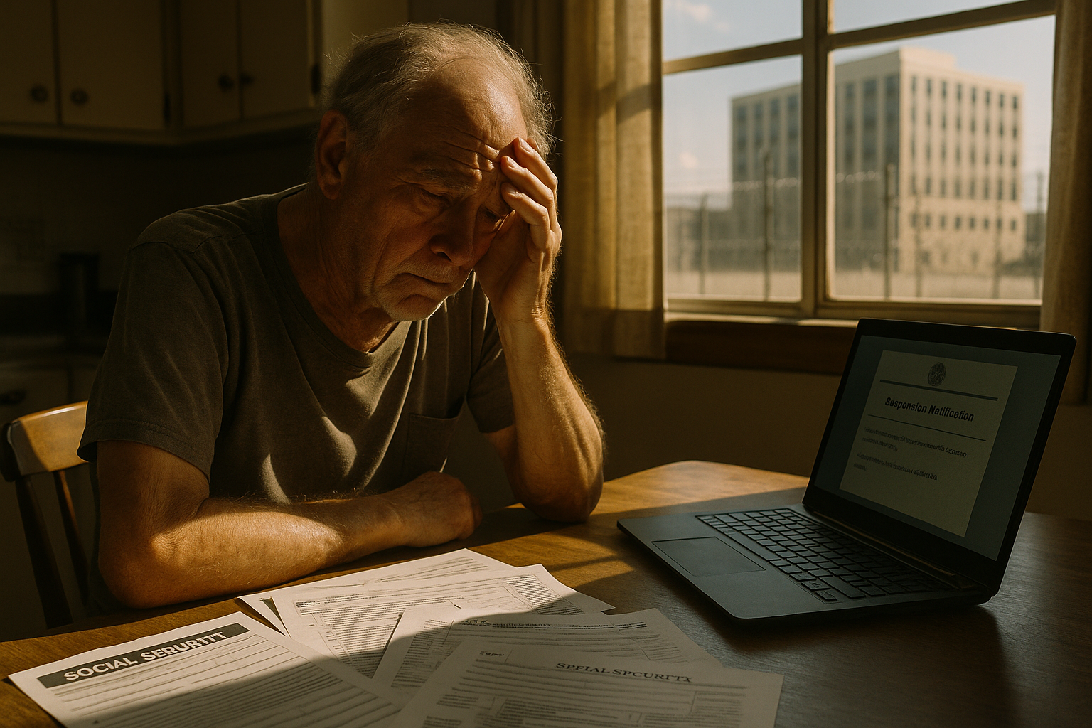 Elderly person reviewing Social Security documents with prison complex visible through window